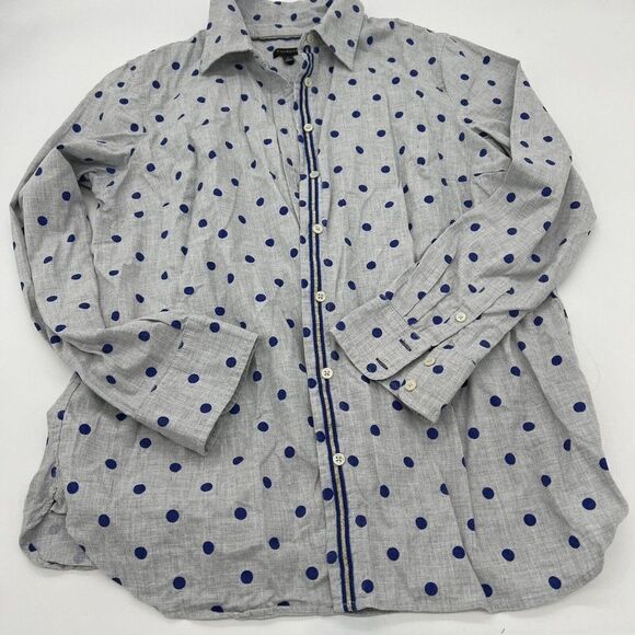 Talbots Long Sleeve Button Down Gray Navy Polka Dot Shirt Gold Trim Size L - Picture 1 of 4
